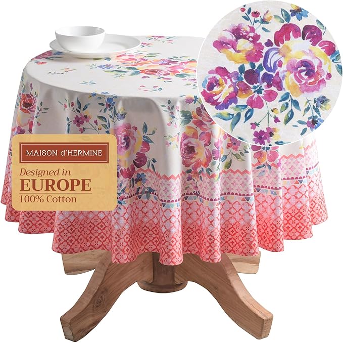 Maison d' Hermine Table Cloth Round Table 100% Cotton 63 Round Inches Tablecloth Reusable Decorative for Dining Room Farmhouse Home Valentines Day Decorations Spring Summer - Rose Garden