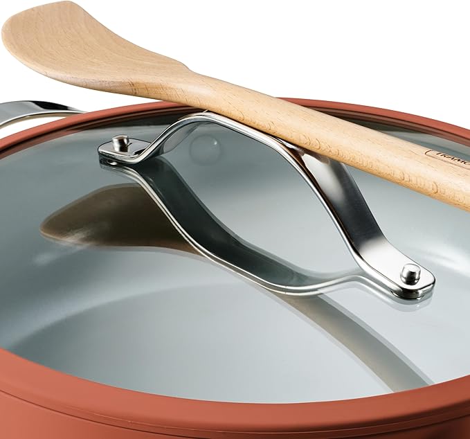 Tramontina Vue All-in-One Plus Pan Set, 5-Quart Ceramic Non Stick Cooking Pan with Glass Lid, Steamer Insert, Beechwood Utensils, Splatter Screen, Pot Holder, Orange