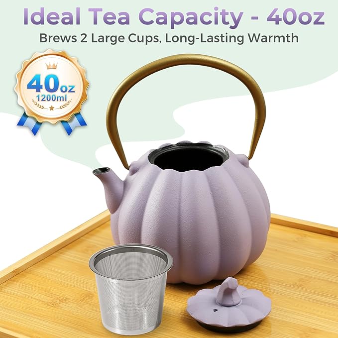 Pumpkin Cast Iron Teapot with Infuser - 40oz Japanese Iron Tea Kettle with Enamel Interior, Cute Halloween Teapot for Loose Tea & Coffee, Stainless Steel Filter, Stove Safe (Purple)