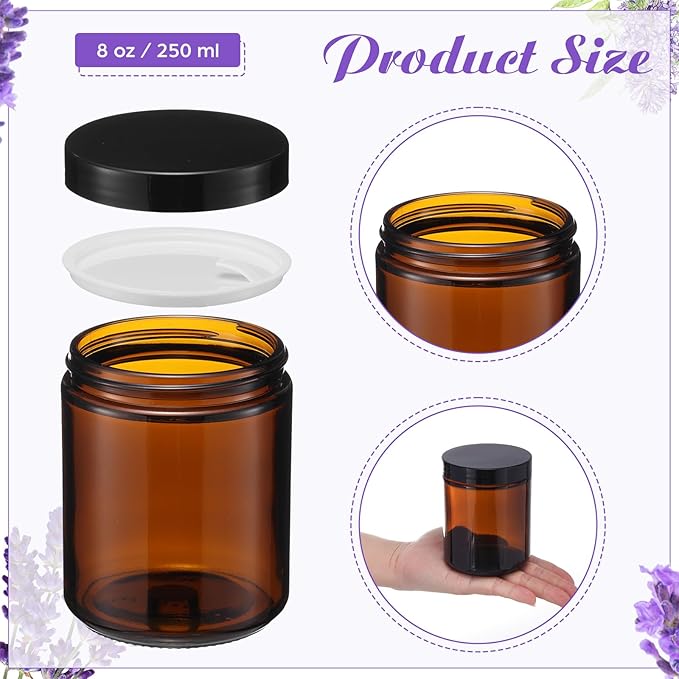 12 Pcs 8 oz Glass Jars with Lids, Clear Candle Jars with Black Lids Round Empty Candles Container Tins for Candle Making Storing Lotions Spice Powder Liquid Sample Makeup (Amber)
