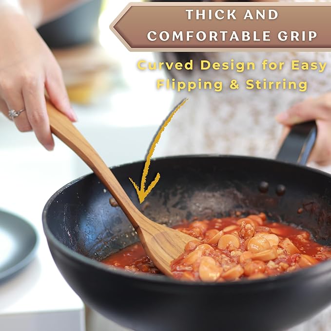 SarnThai Teak Wooden Wok Spatula – Handmade Thai Stir Fry Spatula, Long Handle Wooden Turner, Natural Eco-Friendly Cooking Utensil for Non-Stick Cookware