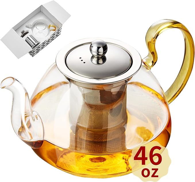 Large Glass Teapot with Stainless Infuser, Stovetop Safe, Thickened Heat-Resistant Borosilicate Glass, 46 fl oz