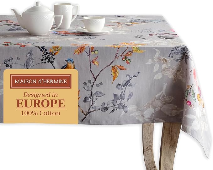Maison d' Hermine Table Cloth Rectangle Table 100% Cotton 54 x 72 Inches Fall Tablecloth Reusable Everyday Use for Thanksgiving Christmas Decorations Dining Farmhouse Party (Equinoxe - Grey)