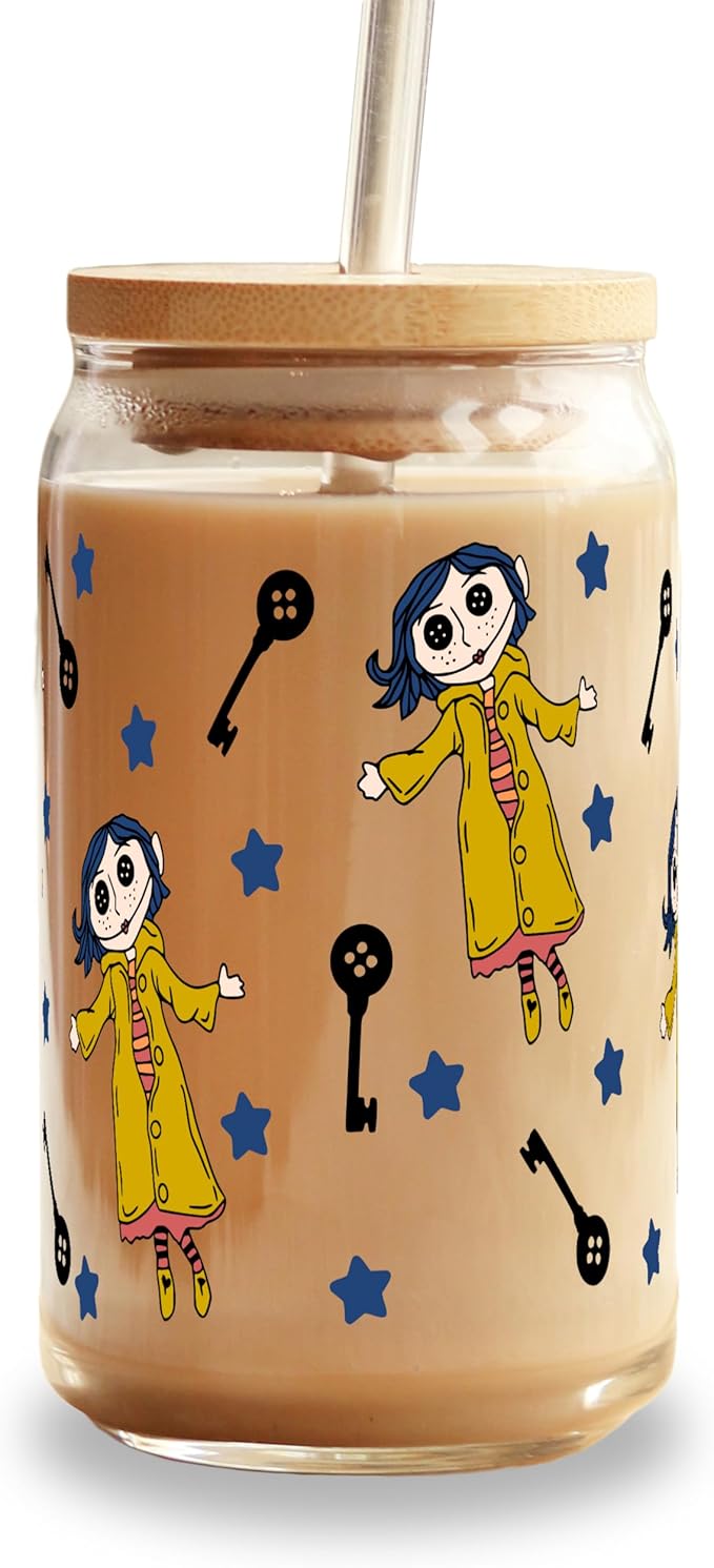 Sip-Sip Hooray! Button Doll 16oz Glass Can Cup with Lid & Straw, Cute Iced Coffee Tumbler, Dishwasher Safe Matcha Glass, Kawaii Soda Can Drinkware, Gift for Girls & Aesthetic Lovers