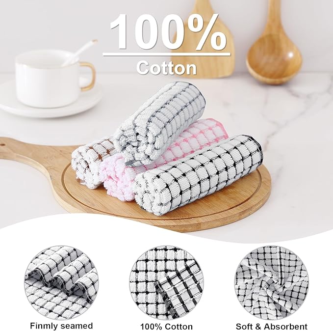 Kitinjoy Cotton 24 Pack Terry Kitchen Dish Cloths, 12 x 12 Inches Super Soft and Absorbent Dish Rags, Quick Drying Dish Towels for Washing Dishes, Black