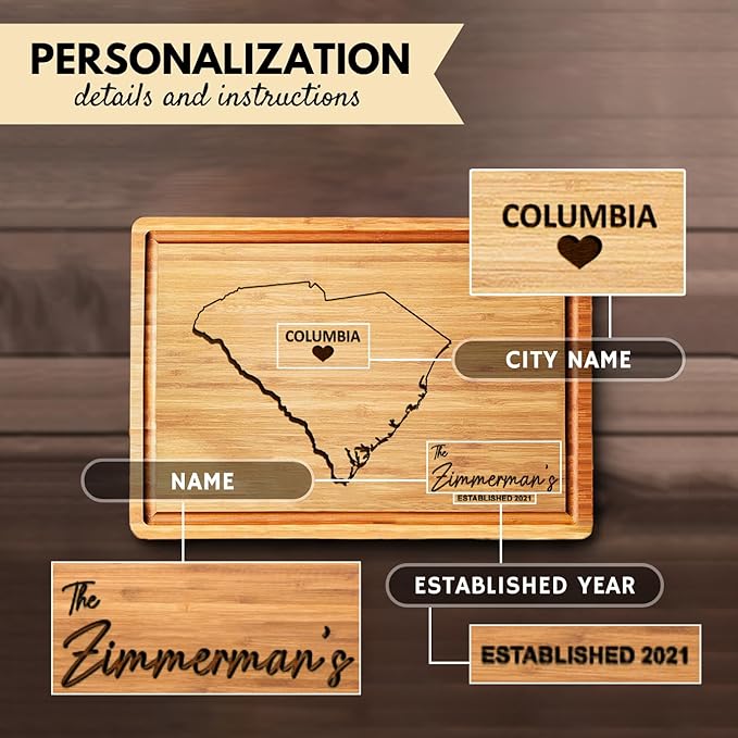 South Carolina Cutting Board Personalized, State Shaped Boards, Bamboo USA Gifts, Housewarming States Visted Map - Decor for Home