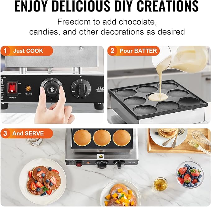 VEVOR Dutch Pancake Maker, 9PCS 76mm Diameter Dorayaki Baker Machine, 850W Commercial Electric Poffertjes Grill, Non-stick Stainless Steel, Temp & Time Control, for Home Kitchen Restaurant Snack Bar
