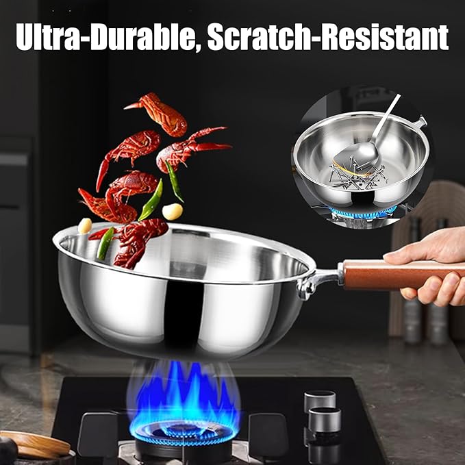5-Ply Stainless Steel Wok Pan with Lid, Wide & Deep Cookware Stir-Fry Pans, Non-Stick Wok, Scratch-Resistant Pans for Cooking,Compatible with All Cooktops,with Steamer,9.45IN