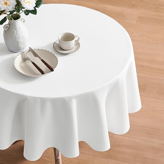 Faux Linen Tablecloths for Rectangle Tables, Burlap Textured Table Cloths Washable Farmhouse Table Cover Water Resistant for Dining, Wedding, Outdoor(White, 60" Round)