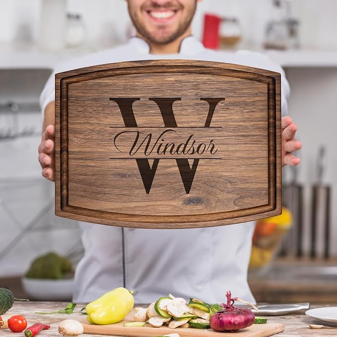 Personalized Cutting Board, Custom Wedding, Anniversary or Housewarming Realtor Closing Gift Idea, Wood Engraved Charcuterie, for Friends and Family, Monogram Initial Design 004