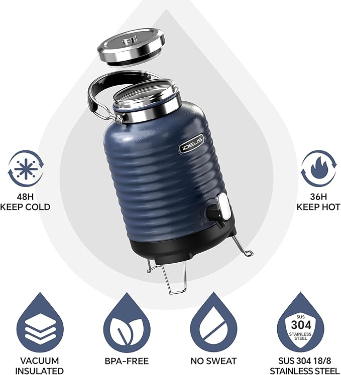 IDEUS Insulated Beverage Dispenser, All-in-one for Camping Vacuum Double-Wall Stainless Steel Water Cooler Coffee Carafe Jug Leakproof Drink Container with Handle, Spigot & Stand (Blue, 1,4gal)