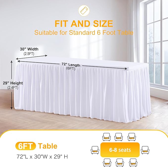 Wish Care 6 Pack White Rectangle Table Clothes for 6 Foot Tables, Polyester Fitted Tablecloths 6ft Stretch Table Cover for Wedding, Birthday, Parties, Trade Show, Craft Show