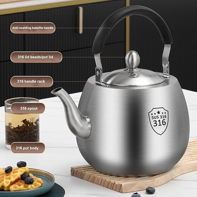 Whistling Tea Kettle, 316 Stainless Steel Teapot for Stovetop with Anti-Scald Handle Suitable for Various Stoves(5L)