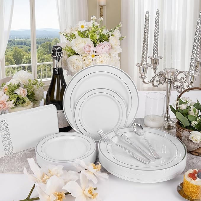 WDF 175PCS White and Silver Plastic Plates - Plastic Plates - 25Guests Silver Disposable Dinnerware Sets for Wedding/Birthday/Holiday/Valentine's Day