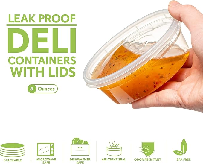 8 OZ - 24 Sets Plastic Deli Food Storage Containers with Airtight Flexible Lids Microwavable, Leak Free, Washable, Freezer Safe.