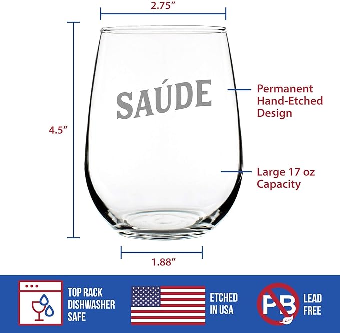 Bevvee Saude - Portuguese Cheers - Stemless Wine Glass - Portugal Themed Gifts or Party Decor for Women - Large