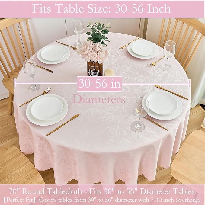 Round Tablecloth 70 Inch Pink Table Cloths Waterproof Washable Wrinkle Free Leaves Jacquard Soft Fabric Table Cover for 30-58”Tables-Kitchen Dinning Outdoor Birthday Party Banquet Patio