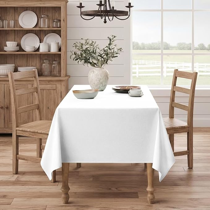 Faux Linen Tablecloths for Rectangle Tables, Burlap Textured Table Cloths Washable Farmhouse Table Cover Water Resistant for Dining, Wedding, Outdoor(White, 52"×70")