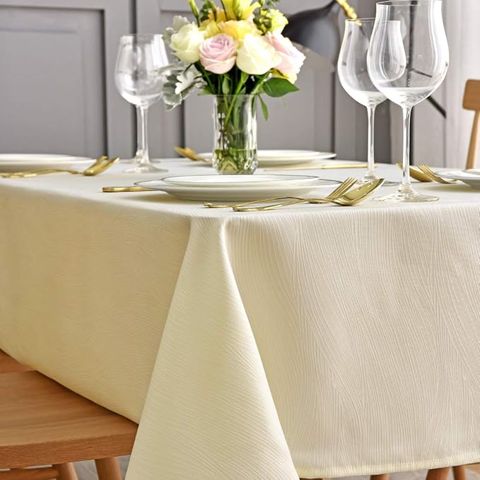 maxmill Jacquard Table Cloth Waving Pattern Water Proof Wrinkle Free Heavy Weight Soft Tablecloth Decorative Fabric Table Cover for Outdoor and Indoor Use Rectangular 60 x 104 Inch Ivory