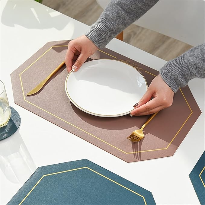 Elegant Octagon PU Table Placemats Pack of 1/4/6/10 Kitchen Dining Table Mat Non-Slip Countertop Protector Pads Taupe(Octagon red,45x30cm 4pcs)