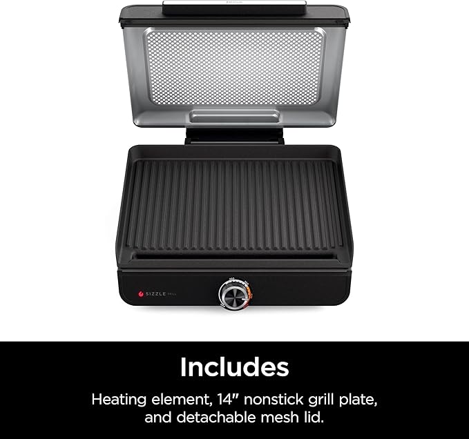 Ninja GR100 Sizzle Smokeless Indoor Grill with Nonstick Grill Plate, Dishwasher-Safe Removable Mesh Lid, 500F Max Heat, Even Edge-to-Edge Cooking, Black (Renewed)