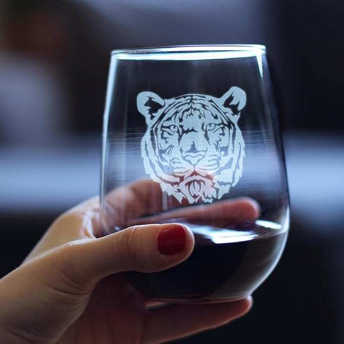 Bevvee Tiger Face Stemless Wine Glass - Tiger Themed Decor and Gifts for Animal Lovers - Set of 4 - Large 17 Oz Glasses