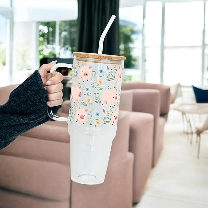 Sip-Sip Hooray! Piggy Floral 40oz Glass Tumbler with Lid and Straw, Farmhouse Pig Coffee Cup, Large Floral Drinkware, Pig Lover Gift, Farmhouse Kitchen Decor, Gift for Farmers