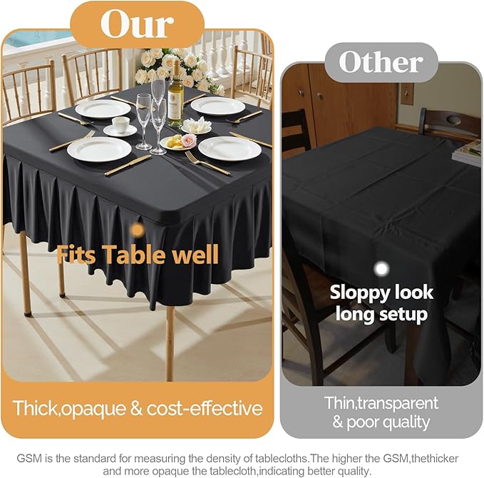 Wish Care Black Spandex Tablecloths for 48x48 Inch Square Tables, Stretch Fitted Table Clothes with Pleated Ruffle Skirt for 48” Table, Wrinkle Free and Elastic, for Party Kitchen Home Dining