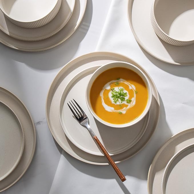Dinnerware Set Service for 6, 18-Piece Ceramic Plates and Bowls Set, Chip & Scratch Resistant, Microwave and Dishwasher Safe, Modern Minimalist Tableware for Everyday Use, Matte White