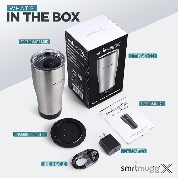 X Heated Coffee Mug 19 oz., 8 Hour Battery Life, Self-Heating, Adjustable Temp Controlled, LCD Screen, Includes Cover with Magnetic Slider (Black) (Stainless Steel)