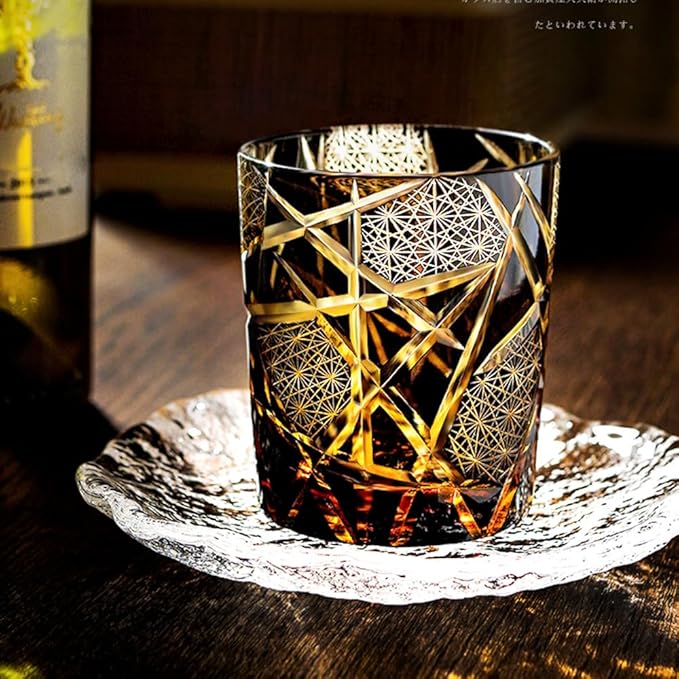 JINZHI Edo Kiriko Old Fashioned Glasses Japanese Style Crystal Amber 8 0z Black Diamond Cut Glass Cup Tumbler for Vodka Cocktail Whiskey