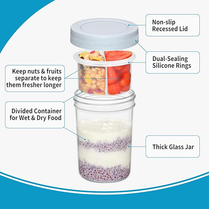 16 oz Overnight Oats Containers with Airtight Lids - 4-Pack Leak-Proof Wide Mouth Mason Jars & Divided Cups for Dried and Wet Foods, Glass Jars for Chia Pudding, Salad, Snacks, and Yogurt