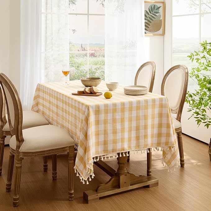 Softalker Checkered Tablecloth Rectangle, Outdoor Linen Cotton Gingham Table Cloth with Tassel, Heavy Duty Wrinkle Free Buffalo Plaid Table Cover for Kitchen Dining Home Party - 55 x 102 Inch, Yellow