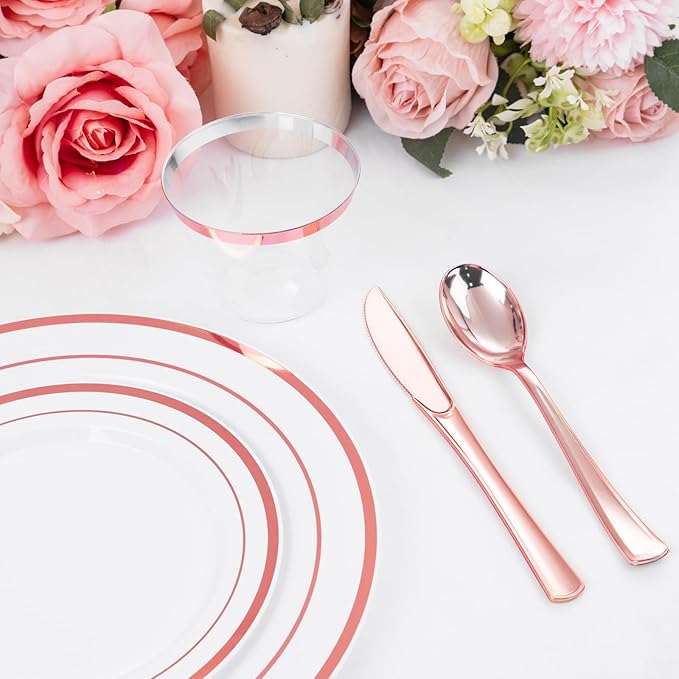 WELLIFE 150 PCS Rose Gold Disposable Dinnerware Set for 25 Guests, Valentine's Day Plate, 25 Dinner & Salad Plates, Cups, Forks Knives Spoons for Wedding Reception and Mothers Day Plates