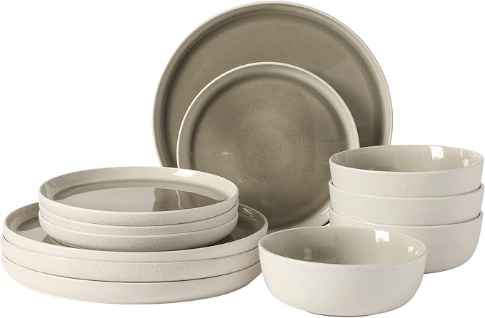 Gibson Elite Tahoe Sunset 12-Piece Reactive Stoneware Dinnerware Set – Matte Exterior & Shiny Interior Plates and Bowls, Durable Everyday Dish Set, Microwave & Dishwasher Safe - Taupe