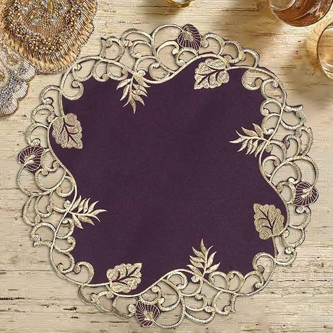 Decozen Set of 8 Doilies for Table, Lace Doilies - Rustic, Crochet, Farmhouse, Kitchen, Dining Table Centerpiece Decor - Round Christmas Placemats for Home - 15 inch Gold Plum, Tarantino Collection