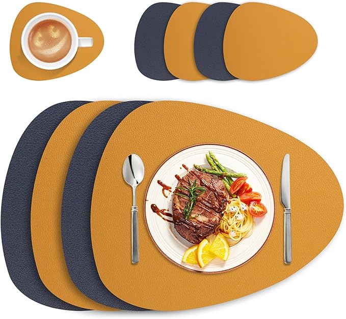 Faux Leather Placemats and Coasters Set of 4/8/12 Dual-Sided Round Place Mats for Kitchen Dining Coffee Oval Modern Table Mates(Blue Yellow,Set of 12)