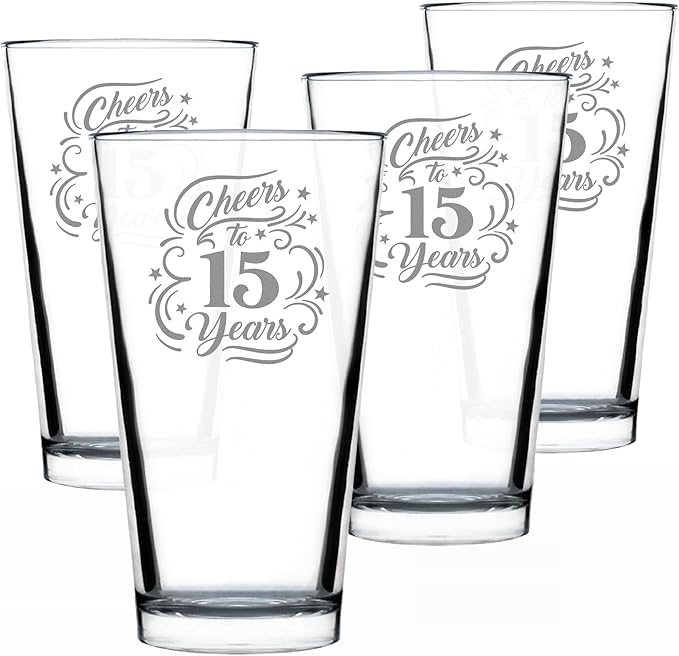 Bevvee Cheers to 15 Years - Pint Glass for Beer - Gifts for Women & Men - 15th Anniversary Party Decor - Set of 4-16 Oz Glasses