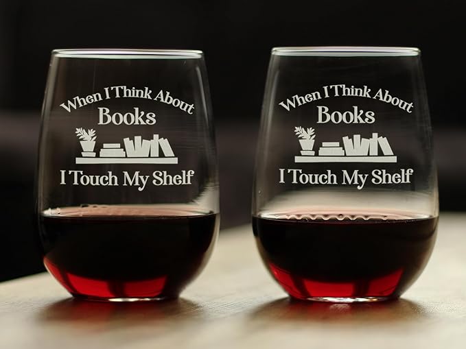 Bevvee When I Think About Books I Touch My Shelf - Stemless Wine Glasses - Set of 2 - Funny Gifts for Book Club Lovers and Readers - Large 17 Ounce