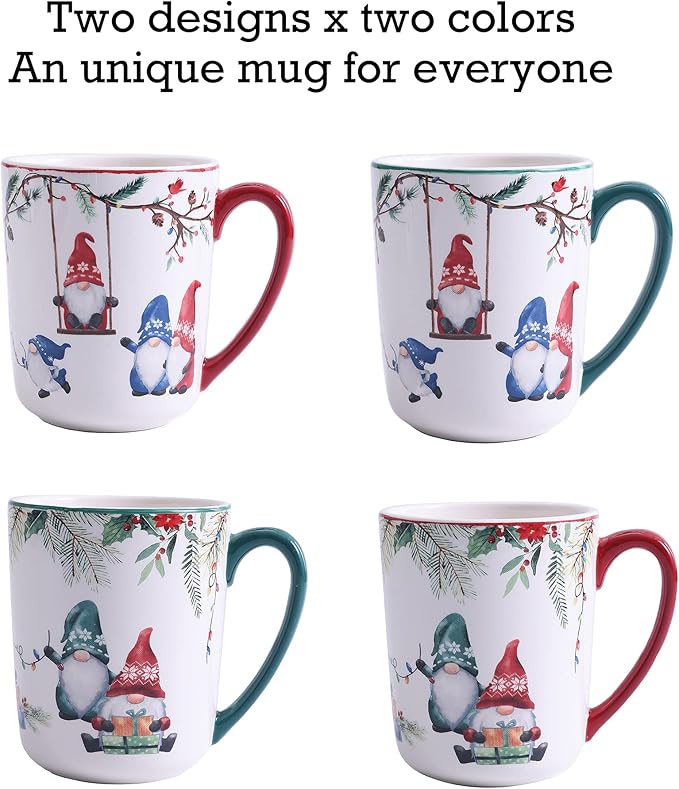 Bico Christmas Gnome Ceramic Mug Set of 4, Christmas Coffee Mugs, 16oz Holiday Cups for Tea, Cocoa, or Hot Drinks, Microwave & Dishwasher Safe