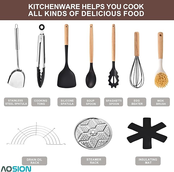 AOSION 13'' Carbon Steel Wok, 12 Piece Wok Pan & Stir-Fry Pans Set with Lid & Cookwares, No Chemical Coated Flat Bottom Chinese Wok Pan for Induction, Electric, Gas, Halogen, All Stoves