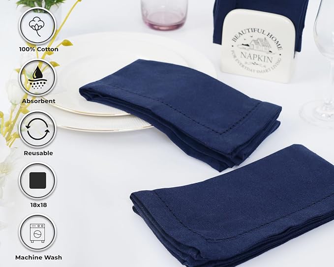 Blue Needles Navy Blue Hemstitch Linen Napkins Set of 12-100% Cotton Cloth Dinner Napkins 18x18 inches, Soft, Reusable, Absorbent, Washable Ideal for Wedding Events, Parties & Everyday Use
