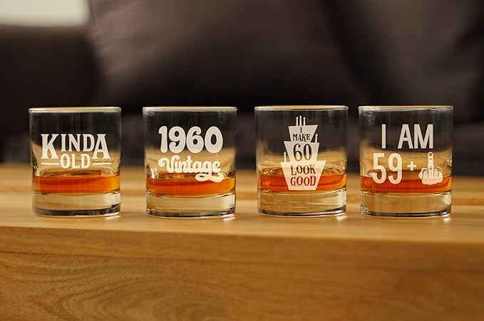 Bevvee 59 + 1 Middle Finger - Funny 60th Birthday Whiskey Rocks Glass Gifts for Men & Women Turning 60 - Fun Whisky Drinking Tumbler