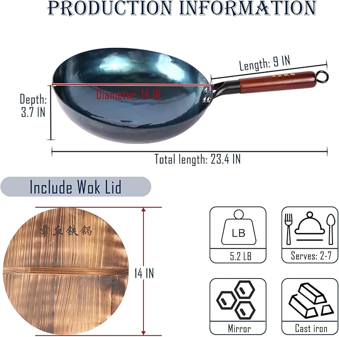 14 Inch Chinese Hand Hammered Iron Wok and Stir Fry Pans with Wooden Handle and Lid Round Bottom Wok Pan Non-stick No Coating Ideal for Home Use and Gift Giving