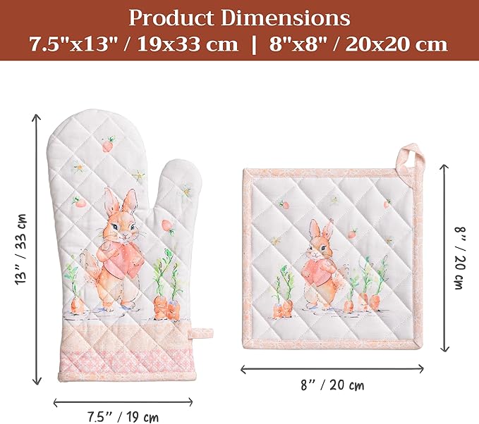 Maison d' Hermine 100% Cotton Oven Mitt & Pot Holder Set (7.5"x13" & 8"x8") Heat Resistant BBQ Cooking Gloves with Loop, Baking, Grilling, Kitchen, Handling Hot Pans Spring/Summer (Bunny Party)