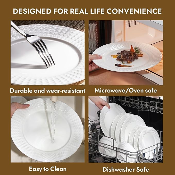 KINGSTONE Bone China Dinnerware Set, 12-Piece White Lightweight Porcelain for 4, Plates and Bowls with Rhombus patterned edge design, Microwave and Dishwasher Safe, for Family, Restaurant, Gifting