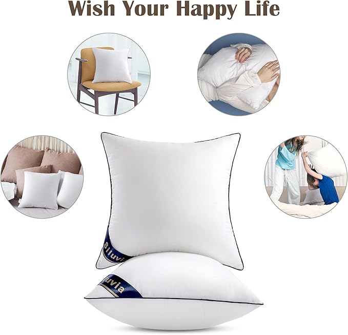 Siluvia 20"x20" Pillow Inserts Set of 2 Decorative Square Square Throw 20 Pillows with 100% Cotton Cover for Sofa, Couch, and Bed - White