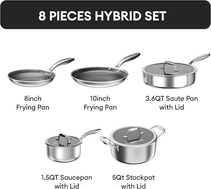 COOKER KING Stainless Steel Cookware Set, Pots and Pans Set Non Stick, Hybrid Ceramic Cookware,Non-Stick Frying Pans, Saucepan, Saute Pan & Stock Pot, Non-Toxic, Oven Safe, Induction Compatible