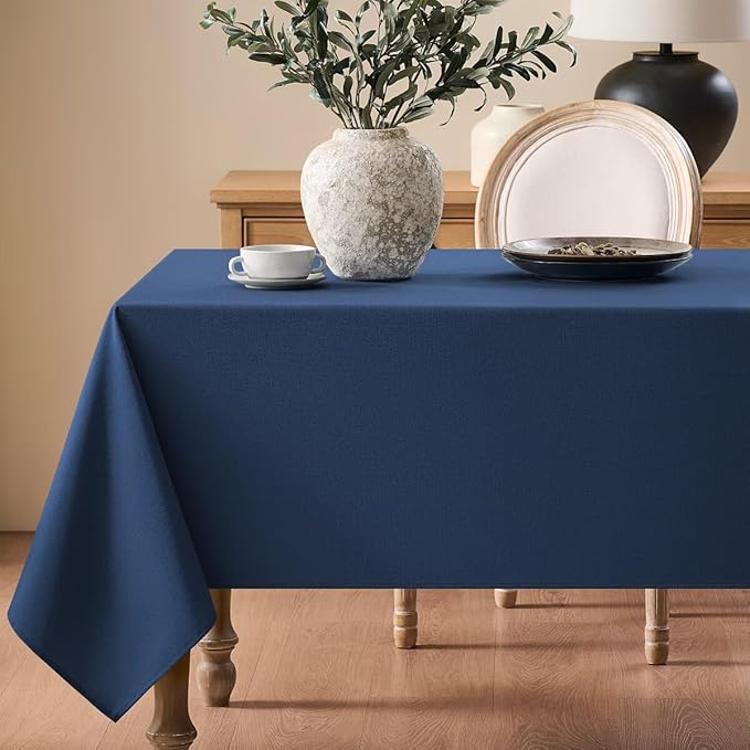 Faux Linen Tablecloths for Rectangle Tables, Burlap Textured Table Cloths Washable Farmhouse Table Cover Water Resistant for Dining, Wedding, Outdoor(Navy Blue, 52"×70")