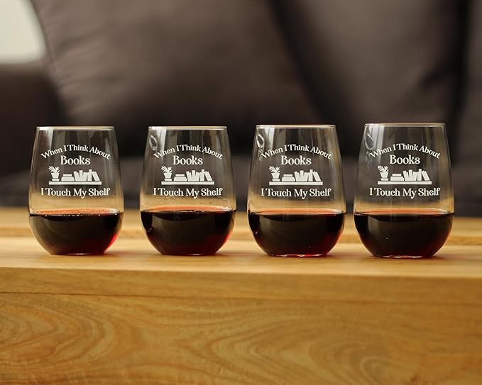 Bevvee When I Think About Books I Touch My Shelf - Stemless Wine Glasses - Set of 4 - Funny Gifts for Book Club Lovers and Readers - Large 17 Ounce